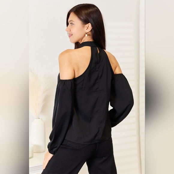 Double Take Designer Black Grecian Cold Shoulder Long Sleeve Blouse - Picture 2 of 5